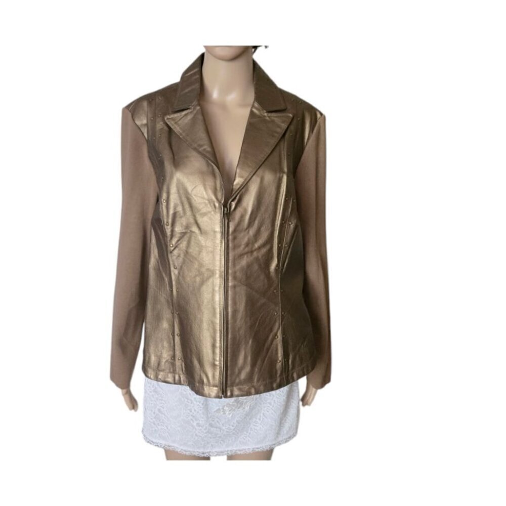 Nygard Collection Gold Studs Collared Leather & Knit Front Zip Jacket Women' L - Picture 2 of 8